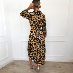 Deep V-Neck Long Sleeve Leopard Dress