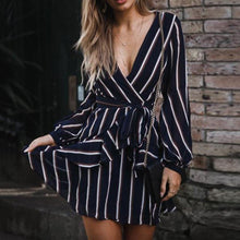 Load image into Gallery viewer, Blue Women&#39;s Lantern Sleeve Striped V-Neck Dress