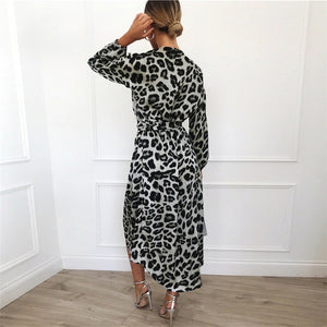 Deep V-Neck Long Sleeve Leopard Dress