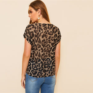 Round Neck Short Sleeve Leopard Blouse
