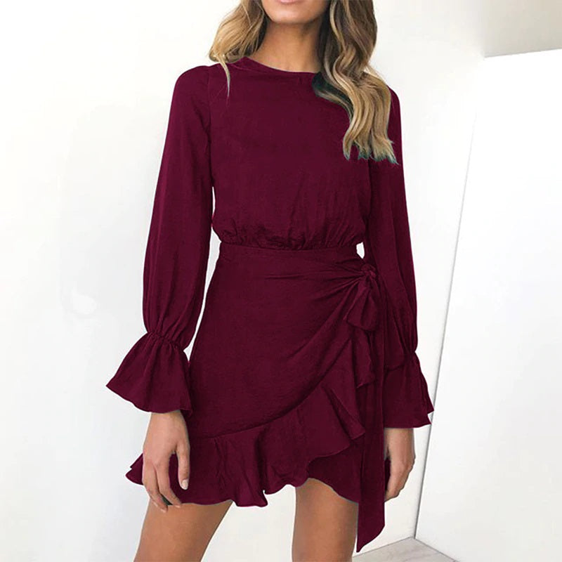 long sleeve ruffle hem mini dress Pink / XS
