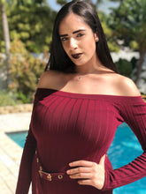 Load image into Gallery viewer, Burgundy, long sleeve, off the shoulder sweater dress with matching burgundy belt with gold accents.
